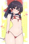  1girl adapted_costume bare_arms bare_legs bare_shoulders bikini black_hair blush bow breasts cameltoe closed_mouth covered_nipples cowboy_shot hair_between_eyes hair_bow hair_tubes hakurei_reimu heart highres long_hair looking_at_viewer micro_bikini navel red_bikini red_bow red_eyes rizento sidelocks small_breasts solo swimsuit touhou 