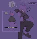 absurd_res anthro biped bottomless clothed clothing derp_eyes dialogue domestic_cat erection felid feline felis female fur genitals group hi_res humor k1ko laugh male mammal penis pupils purple_body purple_fur red_eyes slit_pupils speech_bubble tail the_binding_of_isaac_(series)
