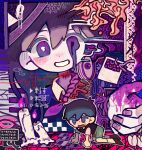  1boy 1girl black_eyes black_footwear black_hair candle chibi colored_skin grin highres long_hair mari_(headspace)_(omori) mari_(omori) omori parted_lips purple_eyes purple_hair short_hair smile socks sunny_(omori) teeth uminosoko44 white_skin white_socks 