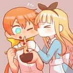 &gt;_&lt; 2girls apron aqua_eyes beans biting black_hairband blonde_hair blue_dress blunt_bangs bow bow_hairband bowl brown_background check_food cheek_biting cheek_pull chopsticks collared_shirt commentary_request dress eating food food_on_face food_request hair_bow hairband hand_on_another&#039;s_shoulder hands_up highres holding holding_bowl holding_chopsticks long_hair mochi mochi_trail multiple_girls notice_lines one_eye_closed orange_hair original outline shirt shiruko_(food) short_hair_with_long_locks takurada upper_body v-shaped_eyebrows very_long_hair white_apron white_outline white_shirt yellow_bow 