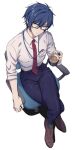  1boy akiyoshi_(tama-pete) arm_rest blue_eyes blue_hair blue_pants brown_footwear chair closed_mouth coffee_mug collared_shirt crossed_legs cup ear_piercing expressionless from_above full_body glasses hair_between_eyes head_tilt holding holding_cup id_card kaito_(vocaloid) looking_at_viewer male_focus mug necktie office_chair on_chair pants piercing red_necktie salaryman shirt simple_background sitting sleeves_rolled_up solo swivel_chair vocaloid white_shirt 