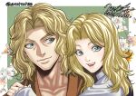  1boy 1girl blonde_hair blue_eyes brother_and_sister dated elena_robinson floral_background kengan_(series) kengan_ashura kengan_omega mito_amatsu mokichi_robinson open_mouth siblings signature sleeves_past_wrists smile twitter_username 