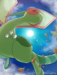  animal_focus artist_name blue_sky claws closed_mouth cloud colored_skin commentary_request fang floating flygon from_below green_skin hebimaru highres no_humans pokemon pokemon_(creature) sky sun sunlight tail twitter_username wings 