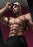  1boy abs absurdres bara black_hair black_pants blood blood_on_clothes closed_mouth francis_mosses hat highres indoors large_pectorals looking_at_viewer male_focus muscular muscular_male navel nipples pants pectorals short_hair solo that&#039;s_not_my_neighbor topless_male vanlious 