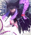  1girl animal_collar black_cape black_hat black_leotard bow braid cape chain closed_mouth collar fate/grand_order fate_(series) fon-due_(fonfon) hat_over_one_eye leotard long_sleeves looking_at_viewer medusa_(fate) medusa_(lancer)_(fate) pink_eyes purple_hair red_bow solo thighhighs white_background white_thighhighs 