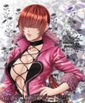  1girl black_choker breasts choker cleavage cross-laced_clothes dated english_text engrish_text fur-trimmed_jacket fur_trim hair_over_eyes hand_on_own_hip highres jacket long_bangs mito_amatsu parted_lips pink_jacket pink_lips plunging_neckline ranguage red_hair shermie_(kof) side_slit signature solo the_king_of_fighters the_king_of_fighters_xv twitter_username watermark 
