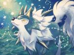 7_phi_3 alternate_color animal_focus blue_fur closed_mouth commentary highres lycanroc no_humans outdoors pokemon pokemon_(creature) shiny_pokemon smile snout symbol-only_commentary tail white_fur wolf yellow_eyes 