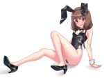  1girl absurdres animal_ears bare_legs black_leotard blunt_bangs bow bowtie breasts brown_hair detached_collar full_body highres iino_miko kaguya-sama_wa_kokurasetai_~tensai-tachi_no_renai_zunousen~ leotard long_hair low_twintails moriforests oversized_breast_cup playboy_bunny rabbit_ears red_eyes simple_background sitting small_breasts solo strapless strapless_leotard twintails white_background wrist_cuffs 