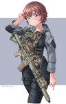  1girl absurdres ar-15 artist_name black_jacket black_pants blue_eyes blush brown_hair cargo_pants closed_mouth cowboy_shot cropped_legs grey_jacket gun gun_sling hand_in_own_hair harness highres jacket kzm_(sub-moa_works) load_bearing_vest long_sleeves looking_at_viewer magazine_(weapon) multicolored_clothes multicolored_jacket original pants red_hair rifle scope short_hair signature simple_background smile solo standing twitter_username two-tone_jacket weapon 