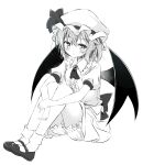  1girl ascot bat_wings bloomers blush brooch commentary greyscale hands_on_own_knees hat hat_ribbon highres jewelry medium_hair mob_cap monochrome puffy_short_sleeves puffy_sleeves remilia_scarlet ribbon short_sleeves simple_background solo touhou tsuukinkaisoku_oomiya white_background wings 