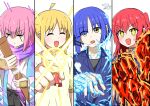  +_+ 4girls ^_^ ahoge blonde_hair blue_hair blue_jacket blush bocchi_the_rock! bokken borsalino_(kizaru) breath clenched_hand closed_eyes column_lineup glint gotoh_hitori hand_guard haori highres ice ijichi_nijika issho_(fujitora) jacket japanese_clothes kita_ikuyo kuzan_(aokiji) laser lava looking_at_viewer mole mole_under_eye multiple_girls one_piece parody pink_hair pointing purple_scarf red_hair reverse_grip sakazuki_(akainu) scarf sheath shimaryu703 simple_background smile sword unsheathing weapon white_background wooden_sword yamada_ryo 