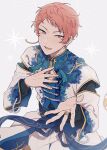  1boy beads commentary_request cowboy_shot earrings ensemble_stars! fingernails grey_background hand_on_own_chest itsuki_shu jewelry korean_commentary long_sleeves looking_at_viewer male_focus open_mouth outstretched_hand pink_hair purple_eyes ring round_o0 short_bangs short_hair solo star_(symbol) 
