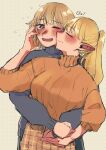  2girls blonde_hair blue_sweater blush brown_hair brown_skirt closed_eyes closed_mouth commentary_request dungeon_meshi elf falin_touden falin_touden_(tallman) fang flying_sweatdrops grey_background hand_on_another&#039;s_face hands_on_another&#039;s_waist highres holding_hands hug hug_from_behind imudegozaimasu kiss kissing_cheek long_sleeves marcille_donato multiple_girls one_eye_closed open_mouth orange_eyes orange_shirt plaid plaid_skirt pointy_ears ponytail shirt short_hair skirt smile sweater yuri 