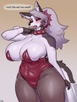 anthro biped blush breasts canid canid_demon canine cleavage clothed clothing demon dialogue female fur grey_body grey_fur hellhound helluva_boss hi_res loona_(helluva_boss) mammal mythological_canine mythological_creature mythology open_mouth red_sclera skimpy solo speech_bubble sususuigi thick_thighs white_body white_eyes white_fur wide_hips