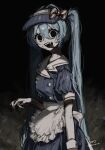  1girl apron aqua_hair black_background black_eyes blood blood_on_face blue_dress blue_hat bow buttons confetti dark dress empty_eyes grass hair_between_eyes hand_up hat hatsune_miku highres horror_(theme) long_hair looking_at_viewer mesmerizer_(vocaloid) open_mouth pale_skin pinstripe_dress pinstripe_hat pinstripe_pattern puffy_short_sleeves puffy_sleeves sayuna_sr sharp_teeth short_sleeves sidelocks signature smile solo squiggle_eyes striped_bow striped_clothes striped_dress teeth tongue tongue_out twintails twitter_username vertical-striped_bow vertical-striped_clothes vertical-striped_dress visor_cap vocaloid white_apron 