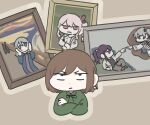  25-ji_miku 25-ji_nightcord_de._(project_sekai) akiyama_mizuki asahina_mafuyu black_shirt bridge brown_hair brown_pants commentary fine_art_parody frown green_shirt grey_eyes grey_hair hatsune_miku mona_lisa pants parody picture_frame pink_eyes pink_hair project_sekai purple_hair rolling_eyes sengang shinonome_ena shirt the_creation_of_adam the_scream vocaloid yoisaki_kanade 