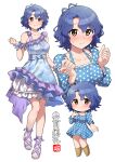  1girl absurdres antenna_hair blue_dress blue_hair blush breasts character_name chibi chibi_inset cleavage collarbone cropped_torso dress full_body highres idolmaster idolmaster_million_live! looking_at_viewer medium_breasts multiple_views ngetyan polka_dot polka_dot_dress short_hair simple_background smile sweatdrop toes toyokawa_fuka white_background 