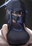  1girl absurdres baseball_cap black_hair blue_archive blue_eyes blue_halo breasts coat crop_top grey_background halo hat highres large_breasts long_hair mask mikhail_n mouth_mask saori_(blue_archive) twitter_username white_coat 