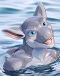 2024 anthro blue_eyes dated dragon green_body grey_ears hi_res khyaber looking_at_viewer male mythological_creature mythological_scalie mythology open_mouth partially_submerged pink_tongue red_inner_ear scalie signature solo teeth tongue white_body