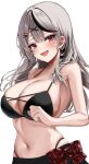  1girl :d alternate_breast_size bare_arms bare_shoulders bikini black_bikini black_hair blunt_bangs blush braid breasts commentary_request curvy double-parted_bangs eyelashes fang grey_hair hair_between_eyes hair_ornament hair_over_shoulder hairclip hand_up happy highres hololive huge_breasts long_hair looking_at_viewer midriff multicolored_hair navel open_mouth red_eyes sakamata_chloe shiny_skin simple_background single_braid skin_fang skindentation smile solo streaked_hair sweat swimsuit tsurime upper_body virtual_youtuber white_background x_hair_ornament ya_ta 