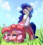  absurd_res blue_eyes cloud cloudy_sky doggystyle duo ejaculation equid equine fantasysong female female/female friendship_is_magic from_behind_position grass happy hasbro hi_res horn horse mammal my_little_pony mythological_creature mythological_equine mythology pinkie_pie_(mlp) plant pony rarity_(mlp) sex sky tongue tongue_out unicorn 