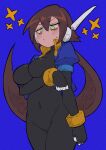  1girl absurdres aile_(mega_man_zx) black_bodysuit blue_background blue_jacket blush bodysuit breasts brown_hair buzzlyears closed_mouth cropped_jacket green_eyes highres jacket large_breasts long_hair mega_man_(series) mega_man_zx simple_background solo sweatdrop 