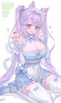  1girl animal_ears apron blue_bow blue_bowtie bow bowtie breasts cake cat_ears cat_girl cat_tail cleavage commentary dress food gloves hair_bow halterneck highres large_breasts long_hair looking_at_viewer maid_apron maid_headdress off-shoulder_dress off_shoulder original pink_eyes purple_hair simple_background symbol-only_commentary tail thighhighs thighs twintails voruvoru white_apron white_background white_gloves white_thighhighs 