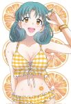  1girl bare_shoulders bikini blush booing6 breasts brown_eyes cleavage collarbone cowboy_shot curly_hair front-tie_bikini_top front-tie_top fruit_background green_hair hand_up highres idolmaster idolmaster_million_live! idolmaster_million_live!_theater_days looking_at_viewer medium_breasts multiple_bracelets nail_polish navel open_mouth orange_background orange_nails parted_bangs plaid plaid_bikini short_hair signature smile solo standing sweat swimsuit teeth tokugawa_matsuri upper_teeth_only yellow_bikini yellow_bracelet 
