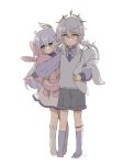  1boy 1girl abi_mmo behind_another child dress feathered_wings green_eyes grey_shorts halo head_wings highres holding holding_stuffed_toy honkai:_star_rail honkai_(series) long_hair protecting purple_shirt purple_socks robin_(honkai:_star_rail) shirt shorts siblings socks stuffed_toy sunday_(honkai:_star_rail) sweater_vest white_background white_dress white_hair white_socks white_sweater_vest wings yellow_eyes 