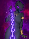  anthro armor athletic avian breasts chain chain_leash clothing cosmic_background ethereal female first_person_view gauntlets gloves glowing handwear hi_res holding_leash holding_object hypnotic_eyes jewelry leash leashed_pov necklace nipples nude solo solo_focus space space_background yaboyfoz! 