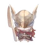  1girl amputee armor cape chibi covered_eyes dress elden_ring gold_armor helmet helmet_over_eyes knife malenia_blade_of_miquella mechanical_arms monthly_snow prosthesis prosthetic_arm prosthetic_leg red_cape red_hair single_mechanical_arm triple_amputee winged_helmet 