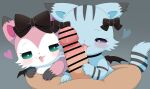 absurd_res anthro azuo beatcats blue_body blue_fur chelsea_(beatcats) claws disembodied_penis domestic_cat duo felid feline felis female fur genitals green_eyes hi_res licking male male/female mammal mia_(beatcats) penis pink_body pink_fur ribbons sanrio tongue 