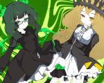  2girls black_dress black_rock_shooter blonde_hair chariot_(black_rock_shooter) dead_master dress glasses green_eyes green_hair green_horns green_wings horns kamukam48773212 long_hair medium_hair multiple_girls pale_skin wings yellow_eyes 