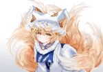  1girl animal_hat blonde_hair blue_tabard blush closed_mouth commentary_request dress fox_tail hat highres kitsune kyuubi leaning_forward long_sleeves looking_at_viewer mob_cap multiple_tails sarasadou_dan short_hair sleeves_past_wrists smile solo tabard tail touhou white_dress yakumo_ran yellow_eyes 