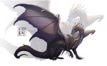  animal_focus artist_name claws dragon full_body highres horns komiti multiple_horns no_humans original scales simple_background sitting solo tail twitter_username western_dragon whiskers white_background white_eyes wings 
