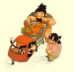  1boy 2girls beard black_hair blush brown_hair cat_girl curious cutystuffy deformed dryad dungeon_meshi dwarf facial_hair from_above full_body horns inutade izutsumi long_beard long_hair monster_girl multiple_girls no_mouth oni peeking_out pumpkin pushing_cart senshi_(dungeon_meshi) shopping_cart shy skin-covered_horns sparse_arm_hair standing thick_mustache twintails 