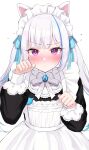  1girl absurdres animal_ear_fluff animal_ears blue_hair blue_ribbon blush cat_ears closed_mouth commentary_request hair_ribbon highres lize_helesta lize_helesta_(9th_costume) long_hair long_sleeves looking_at_viewer maid maid_headdress mugino0515 multicolored_hair neck_ribbon nijisanji paw_pose purple_eyes ribbon simple_background solo streaked_hair sweat virtual_youtuber white_background white_hair white_ribbon 