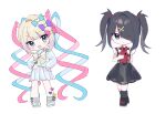  2girls ame-chan_(needy_girl_overdose) black_eyes black_footwear black_hair black_skirt black_socks blonde_hair blue_bow blue_eyes blue_hair blue_serafuku blue_shirt blue_skirt bow chibi chouzetsusaikawa_tenshi-chan closed_mouth collared_shirt commentary_request dual_persona expressionless full_body hair_bow hair_ornament hair_over_one_eye hands_on_own_hips heart heart_hair_ornament holding holding_phone kabe_(zp66104) long_hair long_sleeves looking_at_viewer multicolored_hair multiple_girls multiple_hair_bows needy_girl_overdose open_mouth phone pink_bow pink_hair pleated_skirt purple_bow quad_tails red_shirt sailor_collar school_uniform serafuku shirt shoes simple_background skirt smile socks standing suspender_skirt suspenders twintails very_long_hair white_background x_hair_ornament yellow_bow 