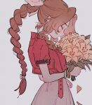  1girl aerith_gainsborough blush bouquet bracelet braid braided_ponytail brown_hair closed_eyes closed_mouth eyelashes falling_leaves final_fantasy final_fantasy_vii flower from_side grey_background hair_ribbon highres holding holding_bouquet jacket jewelry leaf long_hair low-tied_long_hair oharu-chan red_jacket ribbon short_sleeves skirt solo yellow_flower zipper_pull_tab 