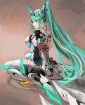  1girl arms_behind_back bound bound_arms breasts earrings from_behind green_eyes green_hair hands_together high_heels highres jewelry large_breasts long_hair pneuma_(xenoblade_2) ponytail sitting tim_(a9243190a) wariza xenoblade_(series) xenoblade_2 