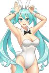  1girl :d absurdres animal_ears aqua_eyes aqua_hair armpits arms_up bare_shoulders black_bow black_bowtie blush bow bowtie breasts cleavage cowboy_shot detached_collar fake_animal_ears fingernails groin hair_between_eyes haruse_(kichiroharuse) hatsune_miku highleg highleg_leotard highres large_breasts leotard long_hair looking_at_viewer playboy_bunny rabbit_ears rabbit_tail sidelocks simple_background smile solo standing strapless strapless_leotard tail vocaloid white_background white_leotard wrist_cuffs 