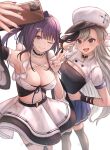  2girls absurdres arm_up armpits artist_name azur_lane black_nails black_thighhighs blue_eyes blue_skirt breasts cellphone cleavage closed_mouth collarbone detached_sleeves grey_hair hand_on_own_hip hat highres holding holding_phone liverpool_(azur_lane) long_hair maid medium_breasts medium_hair minsk_(azur_lane) multiple_girls one_eye_closed open_mouth peaked_cap phone pink_nails pleated_skirt purple_eyes purple_hair ra_torens selfie simple_background skirt smartphone smile thighhighs v very_long_hair vgen_commission white_background white_hat 