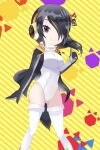  1girl artist_request black_hair emperor_penguin_(kemono_friends) etohana gloves hair_over_one_eye headphones hood hoodie kemono_friends leotard long_hair looking_at_viewer official_art penguin_girl penguin_tail scarf simple_background solo tail thighhighs yellow_background 