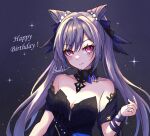  1girl bare_shoulders black_choker black_dress blush breasts choker cleavage commentary_request cone_hair_bun detached_sleeves dress earrings genshin_impact hair_bun hair_ribbon hand_up happy_birthday highres jewelry keqing_(genshin_impact) looking_at_viewer nightsheaulan purple_background purple_ribbon ribbon short_sleeves smile solo strapless strapless_dress twintails upper_body wrist_ribbon 