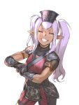  1girl armor black_gloves closed_eyes cowboy_shot dark-skinned_female dark_skin elf elvaan final_fantasy final_fantasy_xi fingerless_gloves gloves grin long_hair monk_(final_fantasy) pointy_ears prishe shoulder_armor simple_background smile solo teeth twintails white_background yuccoshi 