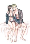  1boy 1girl absurdres bare_legs bare_shoulders barefoot bed_sheet black_bra black_hair black_panties black_shirt blonde_hair blue_eyes blush boxers bra breasts cleavage closed_mouth cloud_strife collarbone collared_shirt commentary_request couple feet final_fantasy final_fantasy_vii final_fantasy_vii_advent_children full_body heads_together hickey highres holding_hands interlocked_fingers large_breasts long_hair long_sleeves looking_at_another male_underwear mrg2by open_clothes open_shirt panties parted_lips pectorals red_eyes shirt single_sidelock sitting smile spiked_hair swept_bangs tifa_lockhart toes toned toned_male underwear 