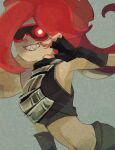  1girl armor big_hair black_gloves black_shirt breastplate fingerless_gloves gloves grin hand_up highres koike3582 long_hair navel octoling red_hair sharp_teeth shirt sleeveless sleeveless_shirt smile solo splatoon_(series) sunglasses takozonesu teeth tentacle_hair 