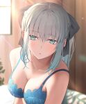  1girl absurdres black_bow blue_bra blue_eyes bow bra braid breasts cleavage fate/grand_order fate_(series) french_braid grey_hair hair_bow highres large_breasts light_blush long_hair looking_at_viewer mishiro_(ixtlolton) morgan_le_fay_(fate) parted_lips ponytail sidelocks solo underwear underwear_only upper_body 