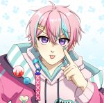  1boy :p ahoge blue_hair blue_nails commentary drawstring ear_piercing english_commentary furuyawn hair_ornament hairclip heart_pin highres hood hood_down hoodie jacket long_sleeves looking_at_viewer male_focus medium_hair messy_hair nexas_(vtuber) piercing pin pink_hair pink_hoodie pink_jacket purple_eyes pyon_phelix safety_pin solo tongue tongue_out virtual_youtuber 