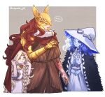  1boy 2girls amputee armor blue_skin brother_and_sister cape cloak colored_skin covered_eyes cracked_skin dress elden_ring extra_arms extra_faces fur_cloak gold_armor helmet helmet_over_eyes highres large_hat malenia_blade_of_miquella mechanical_arms miqueliafantasia miquella_(elden_ring) multiple_girls otoko_no_ko prosthesis prosthetic_arm ranni_the_witch red_cape siblings single_mechanical_arm smile winged_helmet 
